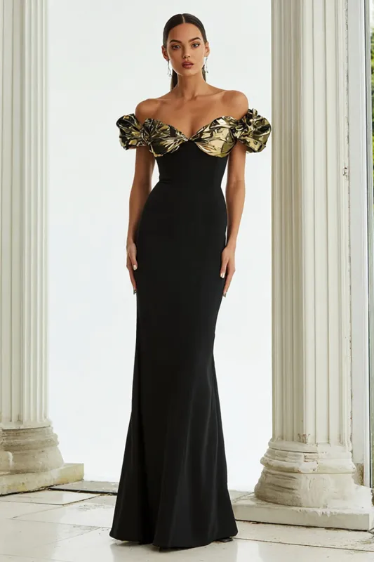Black Off the Shoulder Mermaid Long Formal Dress with Ruffles sold by Zapaka