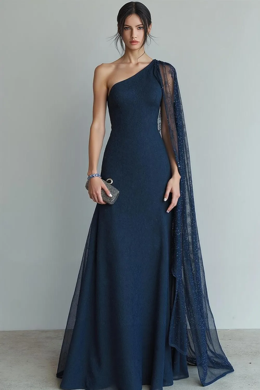 Navy Sheath One Shoulder Long Formal Dress with Cape sold by Zapaka