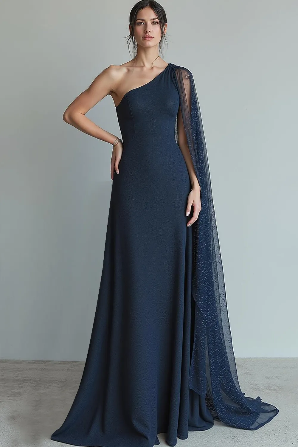 Navy Sheath One Shoulder Long Formal Dress with Cape sold by Zapaka product image thumbnail 2