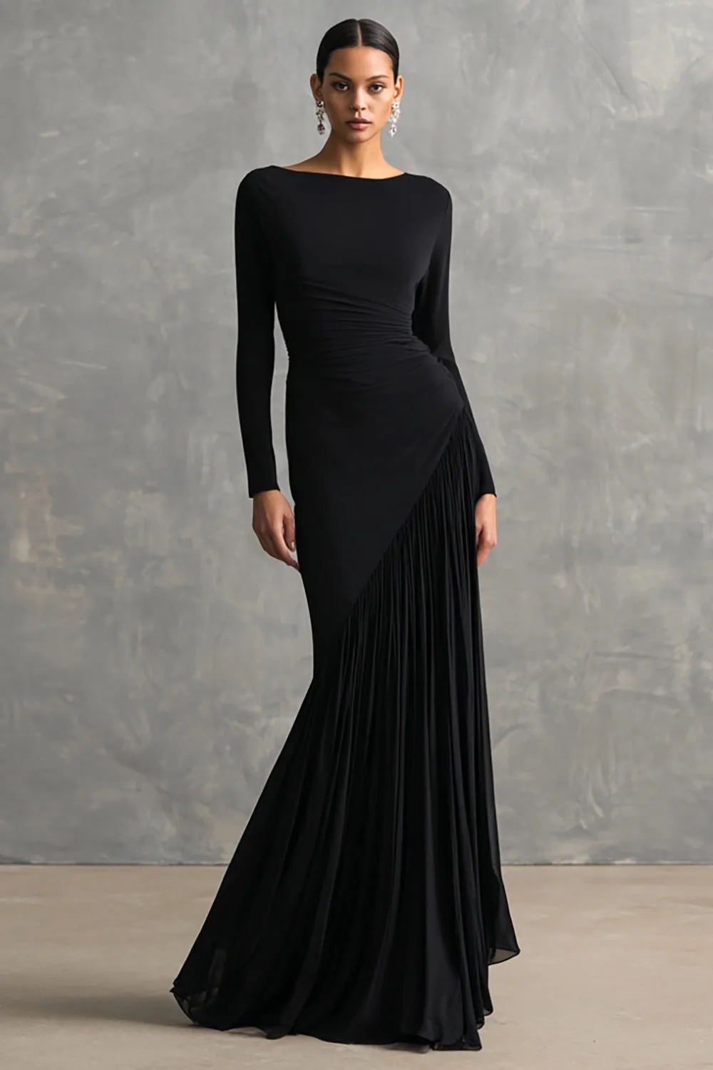 Black Crepe Chiffon Mermaid Formal Dress with Ruffles sold by Zapaka