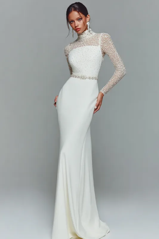 Elegant White Chiffon High Neck Mermaid Long Sleeves Formal Dress sold by Zapaka