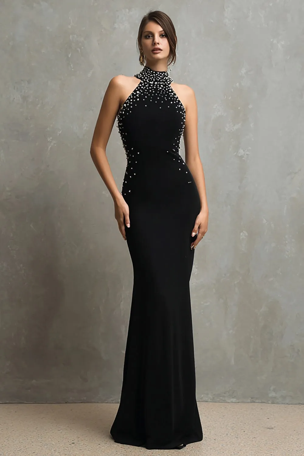 Halter Mermaid Black Long Formal Dress with Beading sold by Zapaka