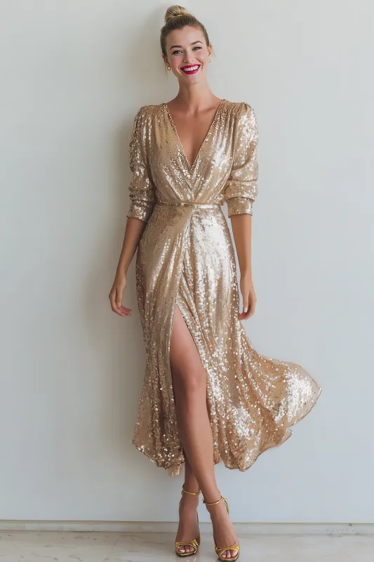 Sparkly Champagne Sheath Sequins V-Neck Long Formal Dress with Sleeves sold by Zapaka