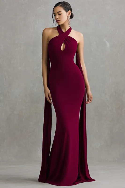 Burgundy Halter Spandex Mermaid Long Formal Dress sold by Zapaka