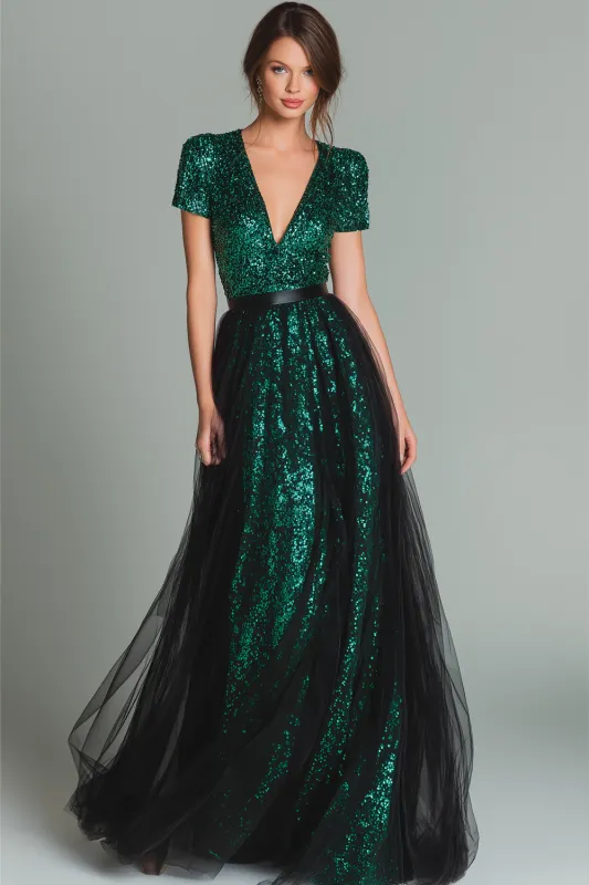 Sparkly Dark Green V-Neck Sequin A Line Long Formal Dress with Sleeves sold by Zapaka