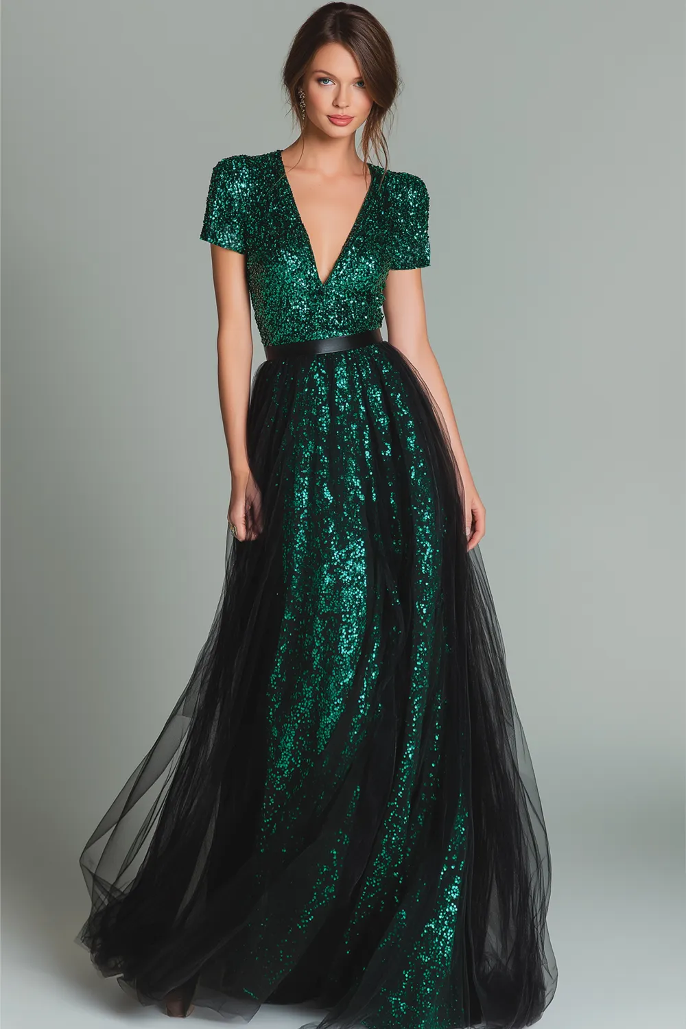 Sparkly Dark Green V-Neck Sequin A Line Long Formal Dress with Sleeves sold by Zapaka
