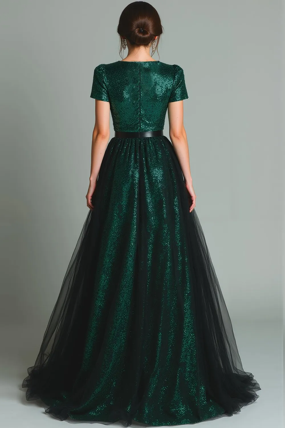 Sparkly Dark Green V-Neck Sequin A Line Long Formal Dress with Sleeves sold by Zapaka product image thumbnail 2