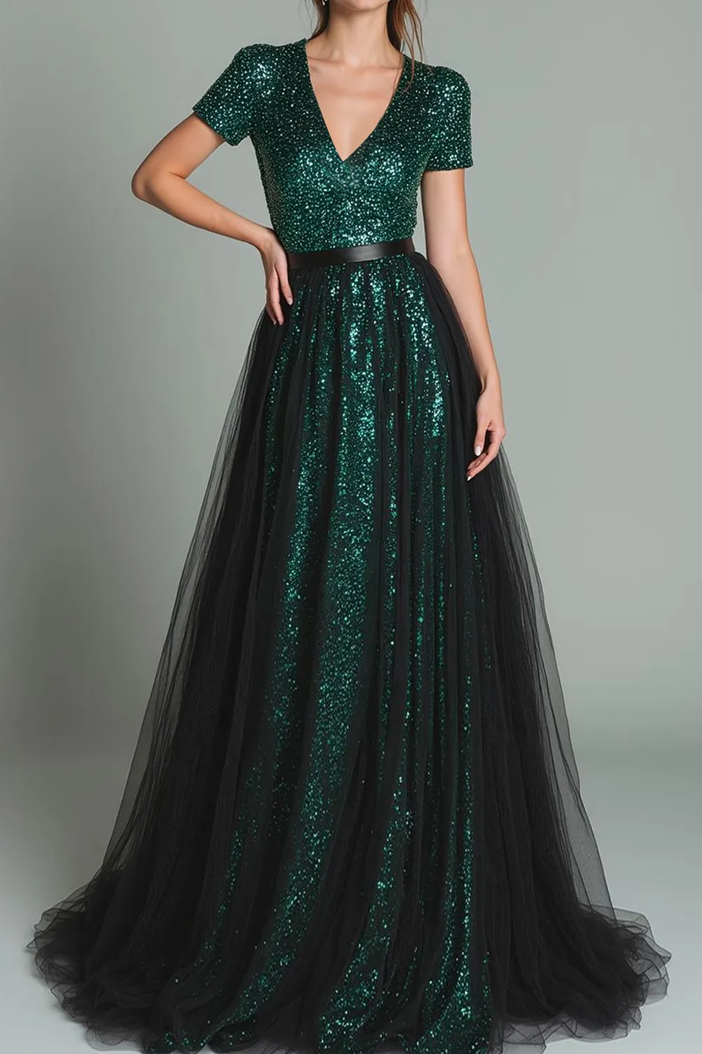 Sparkly Dark Green V-Neck Sequin A Line Long Formal Dress with Sleeves sold by Zapaka product image thumbnail 3