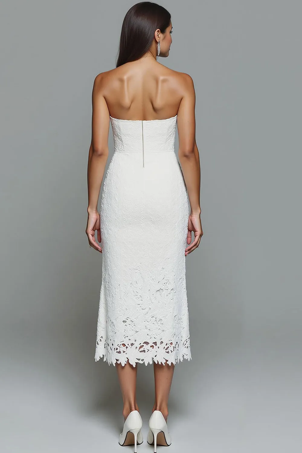 White Sheath Lace Strapless Long Formal Dress sold by Zapaka product image thumbnail 2