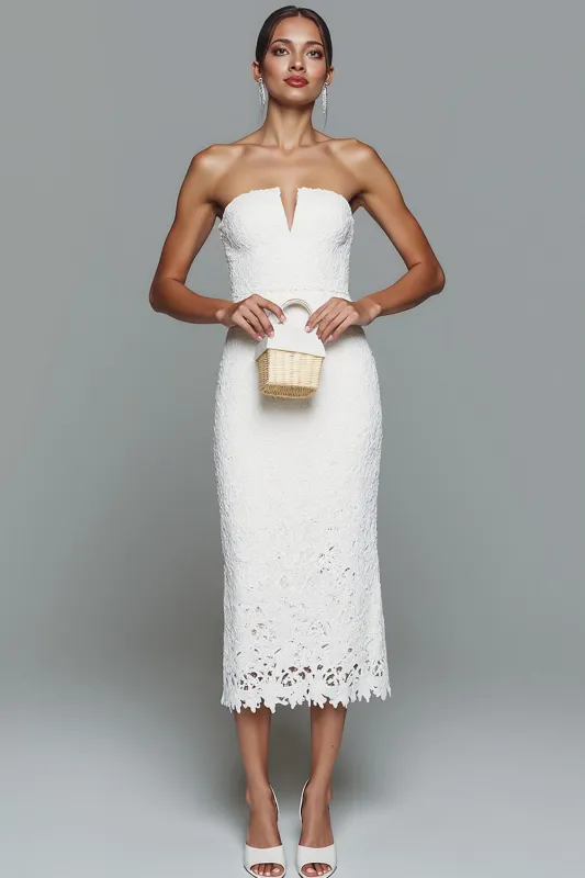 White Sheath Lace Strapless Long Formal Dress sold by Zapaka