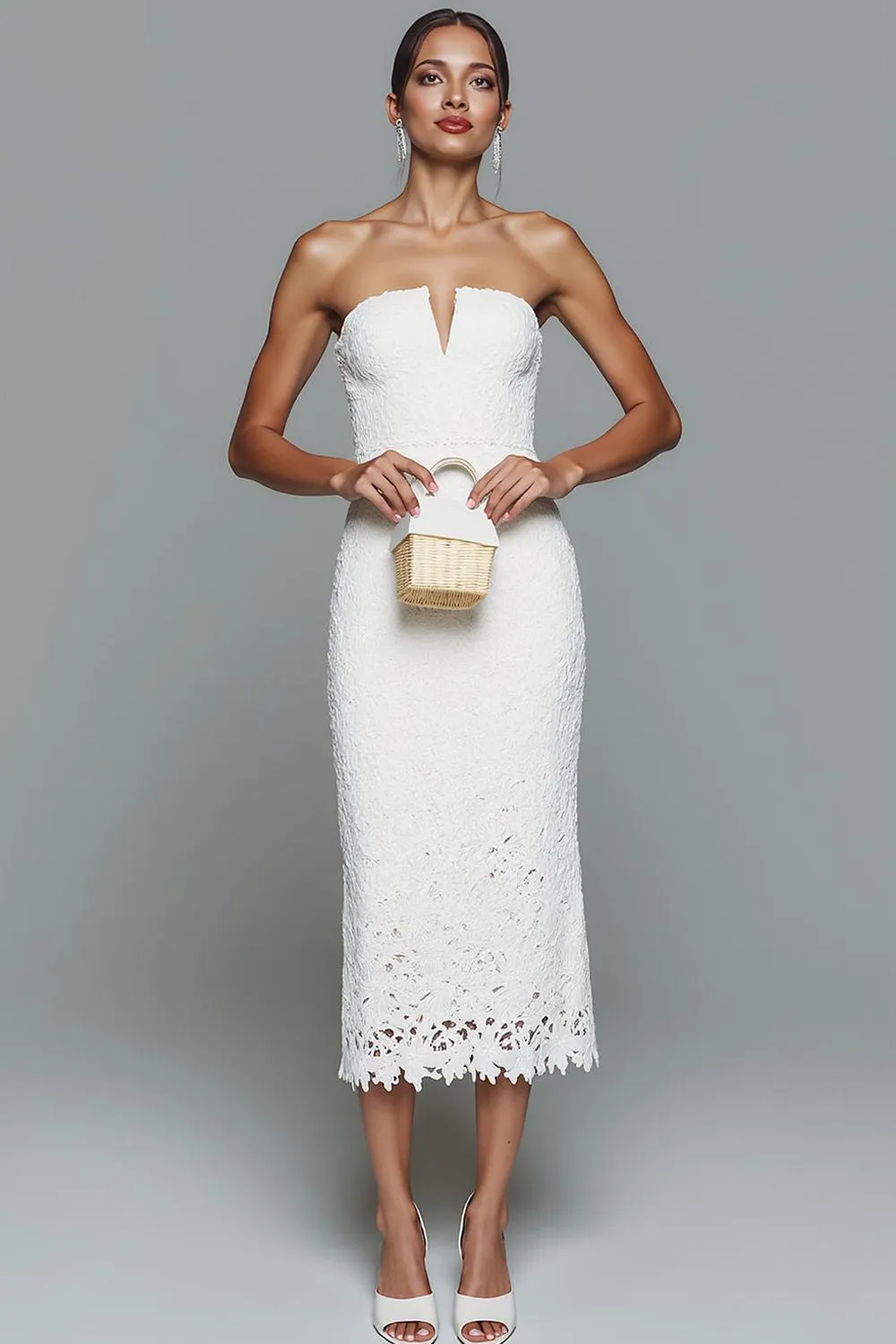 White Sheath Lace Strapless Long Formal Dress sold by Zapaka