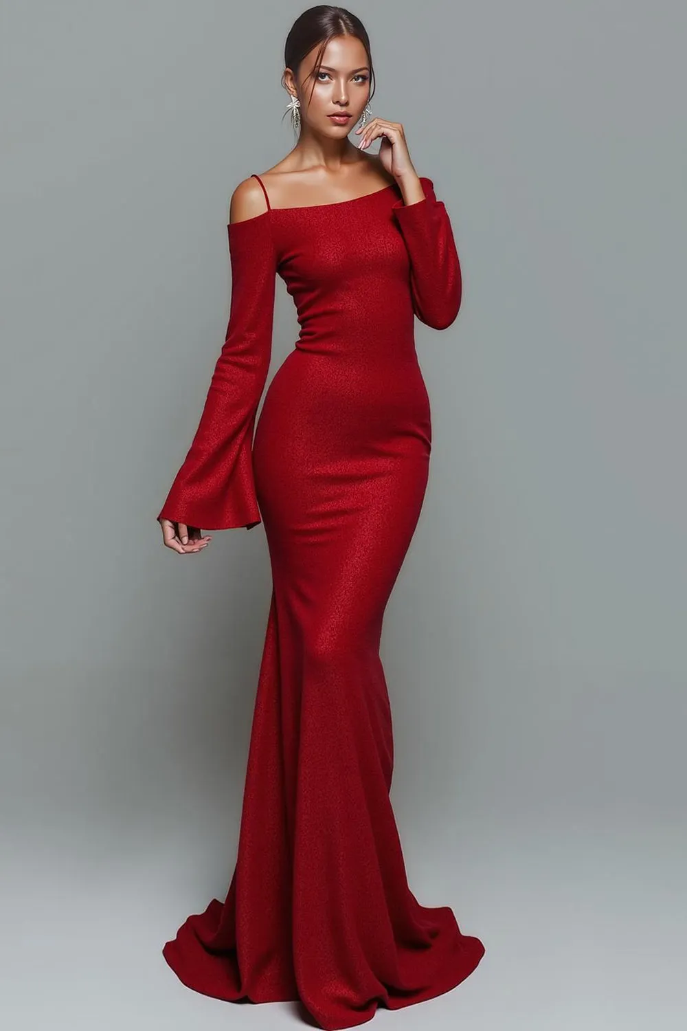 Red Cold Shoulder Mermaid Long Formal Dress with Sleeves sold by Zapaka