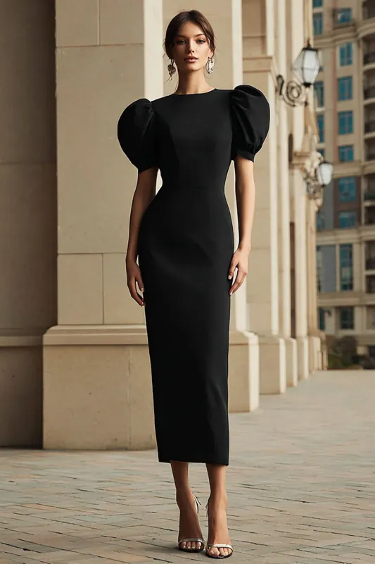 Black Sheath Puff Sleeve Midi Formal Dress sold by Zapaka