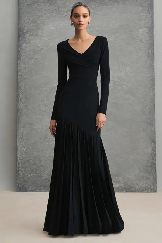 V Neck Black Crepe Chiffon Long Formal Dress with Ruffles sold by Zapaka