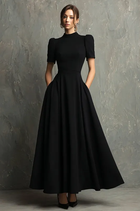 Black Crepe A Line Formal Dress with Short Sleeves sold by Zapaka