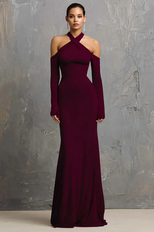 Burgundy Mermaid Spandex Long Formal Dress with Sleeve sold by Zapaka