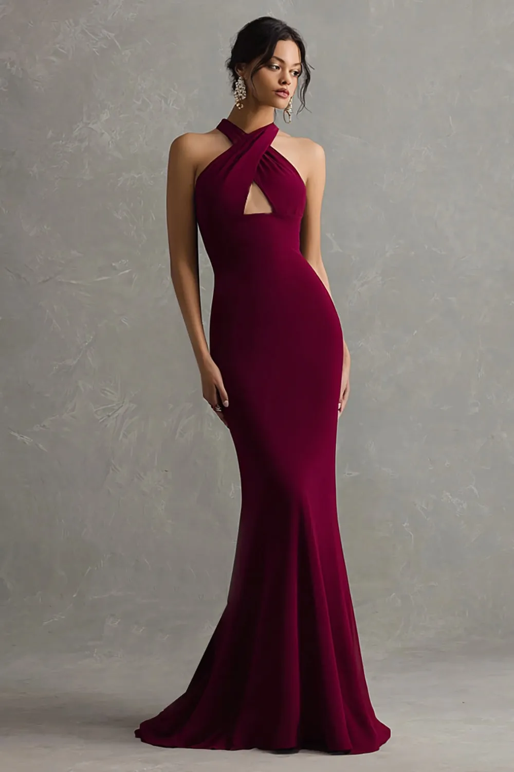 Burgundy Halter Mermaid Crepe Long Formal Dress sold by Zapaka