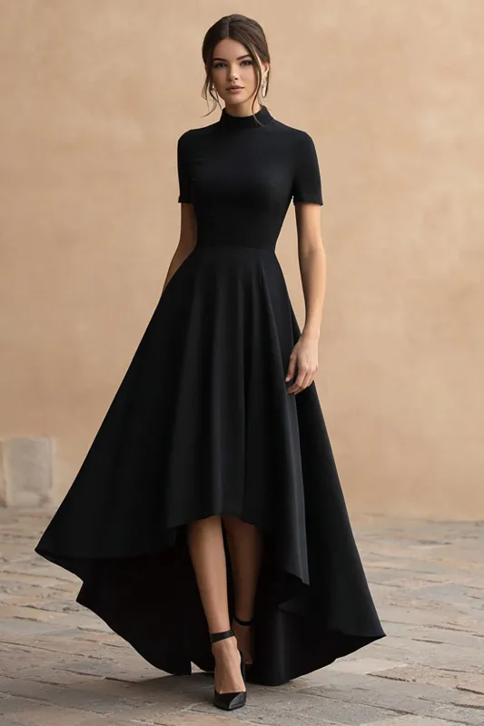 A Line Black Satin High-Low Formal Dress sold by Zapaka