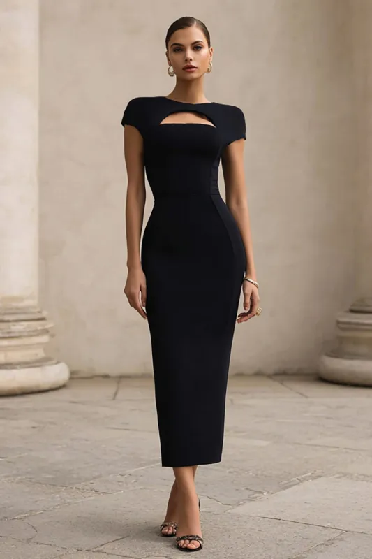 Sheath Black Cut Out Midi Formal Dress sold by Zapaka