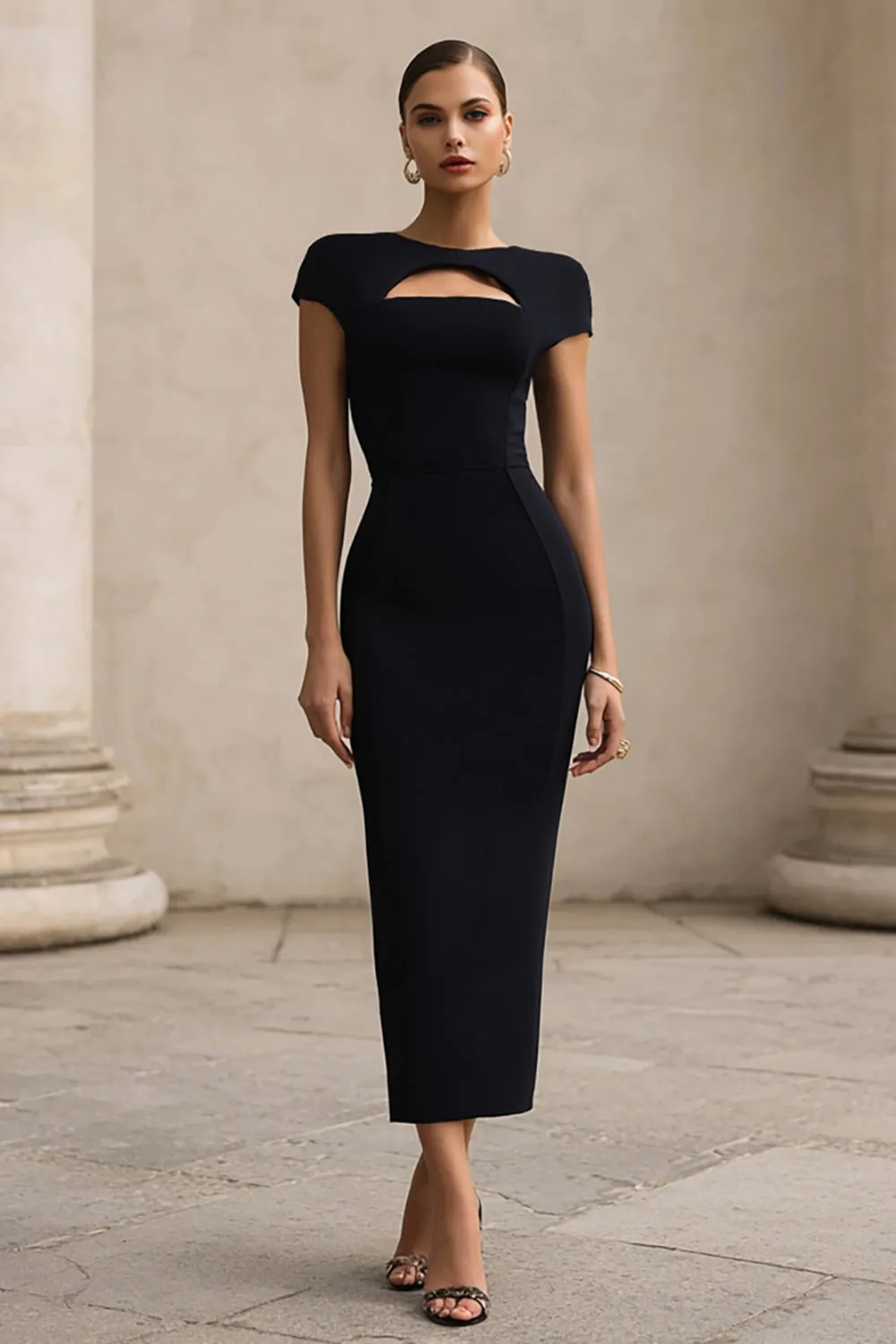 Sheath Black Cut Out Midi Formal Dress sold by Zapaka