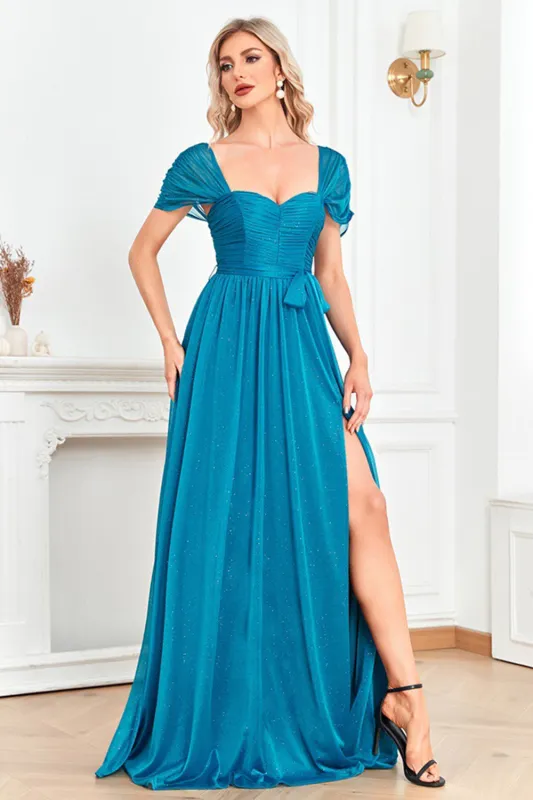 Blue Off the Shoulder A Line Pleated Prom Dress with Slit sold by Zapaka