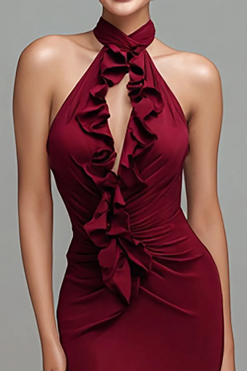 Halter Mermaid Keyhole Long Burgundy Formal Dress with Ruffles sold by Zapaka product image thumbnail 2