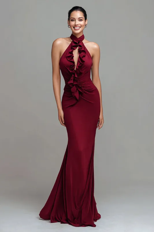 Halter Mermaid Keyhole Long Burgundy Formal Dress with Ruffles sold by Zapaka