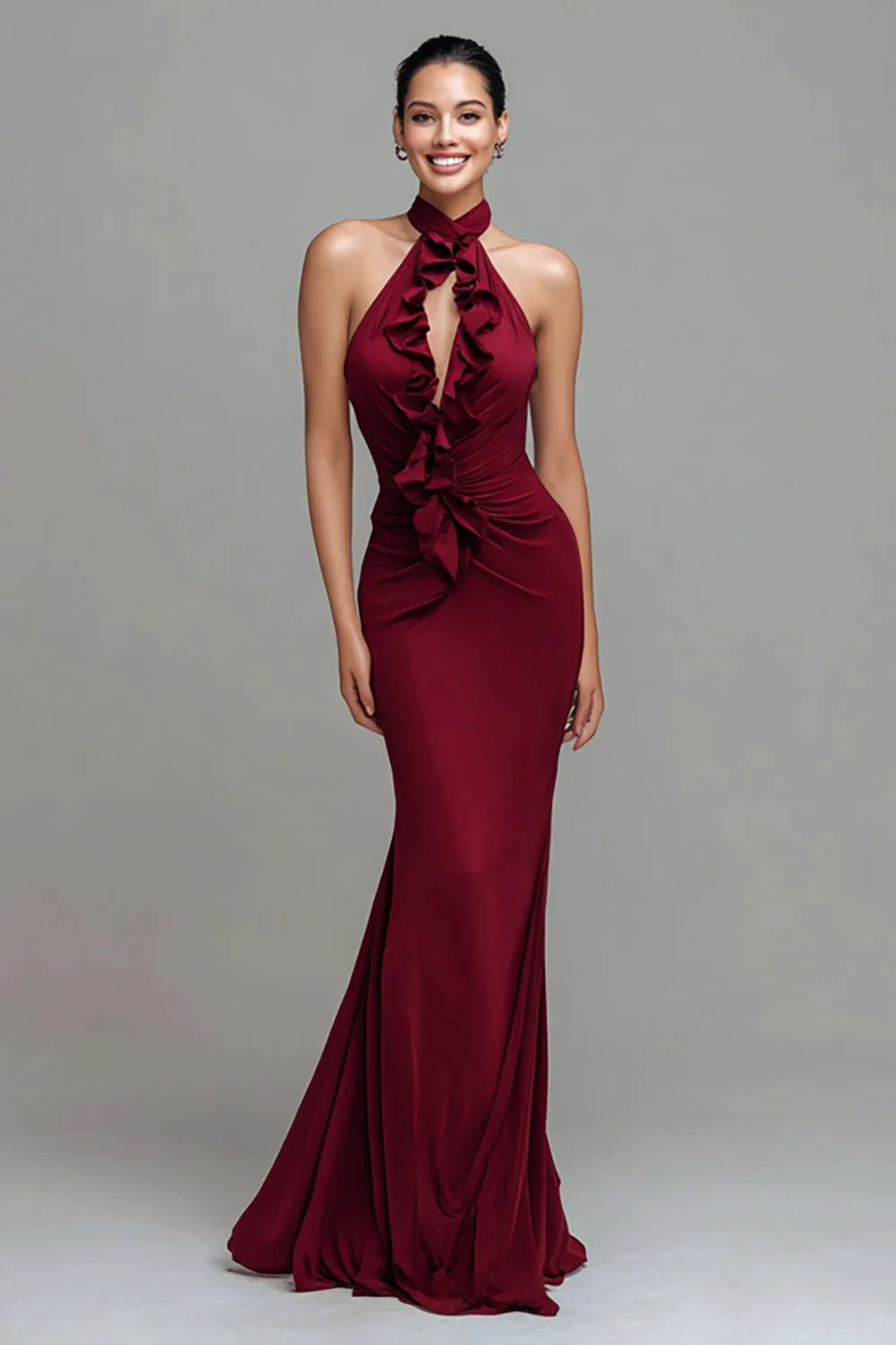 Halter Mermaid Keyhole Long Burgundy Formal Dress with Ruffles sold by Zapaka