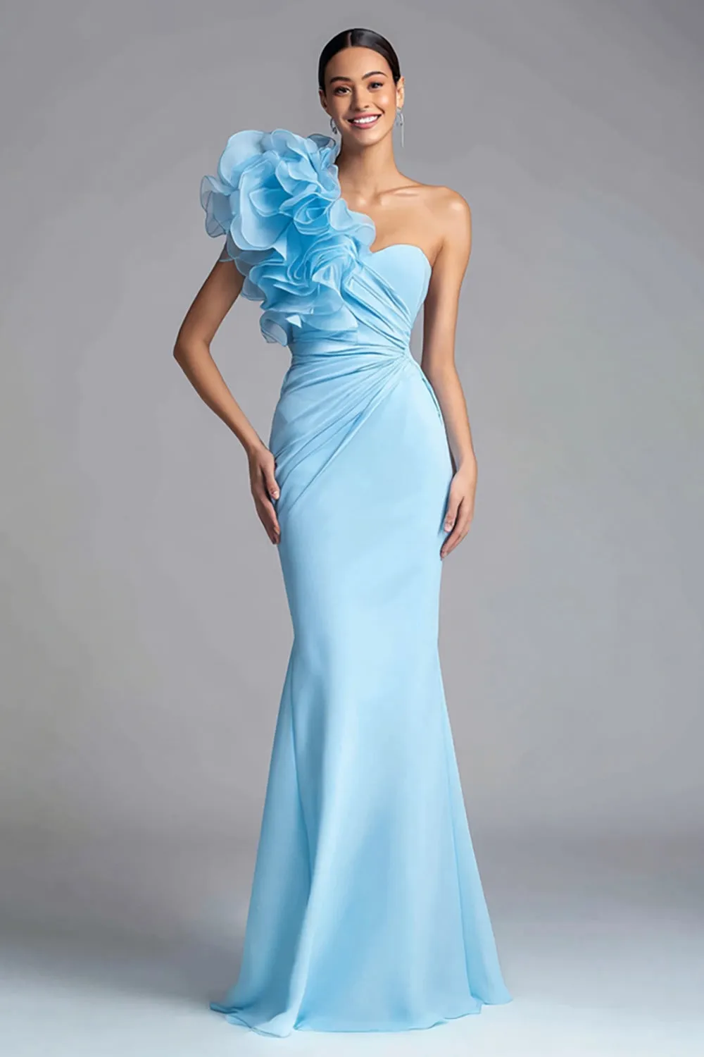 Light Blue One Shoulder Mermaid Long Formal Dress with Ruffles sold by Zapaka