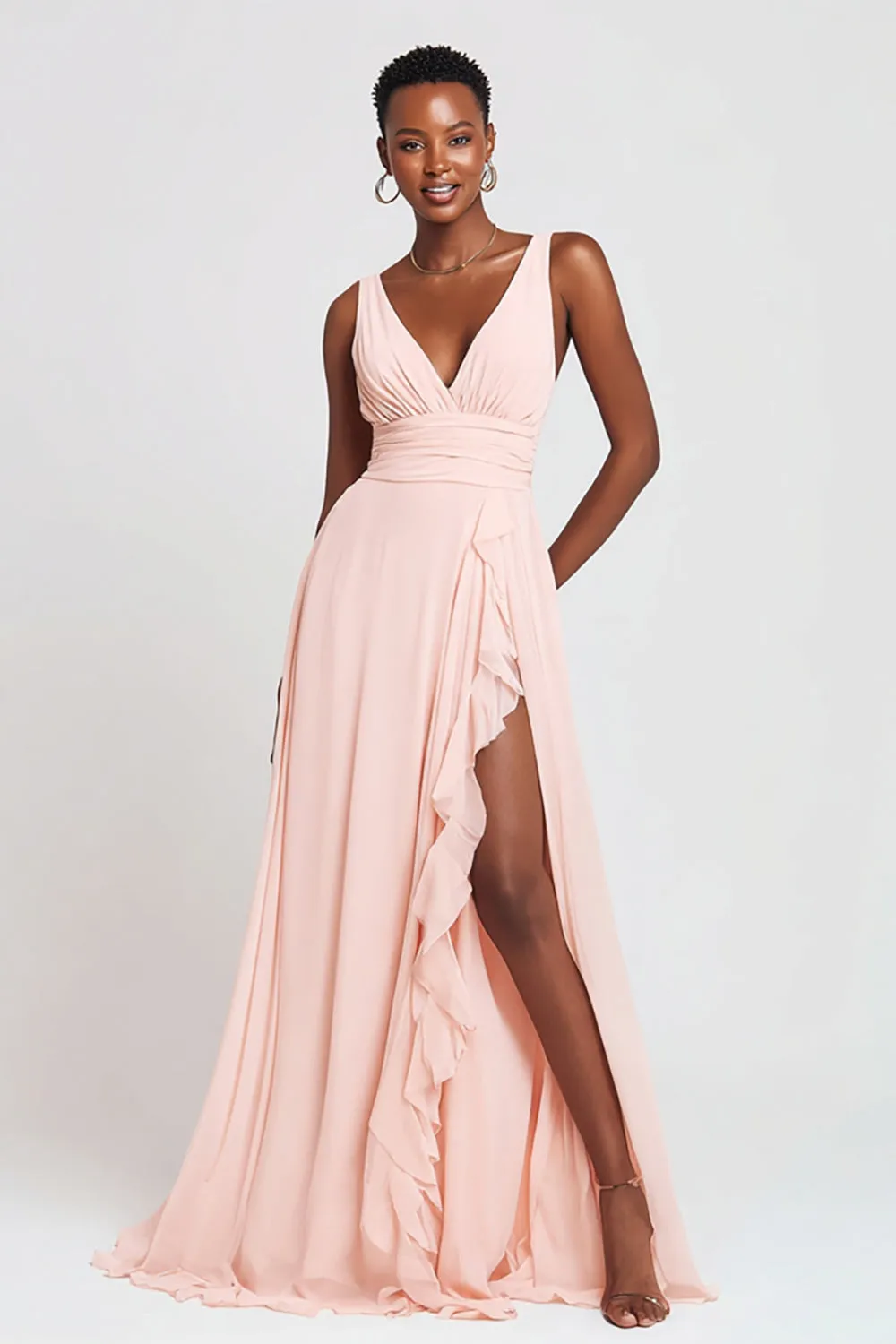 Pink V-Neck A Line Maxi Ruffled Formal Dress sold by Zapaka