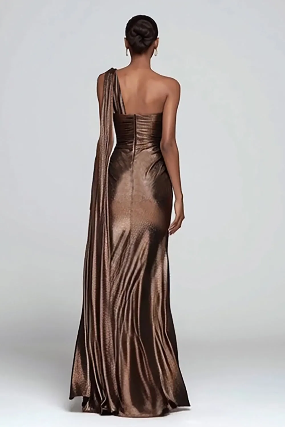 Brown Sheath One Shoulder Ruched Maxi Formal Dress with Slit sold by Zapaka product image thumbnail 2