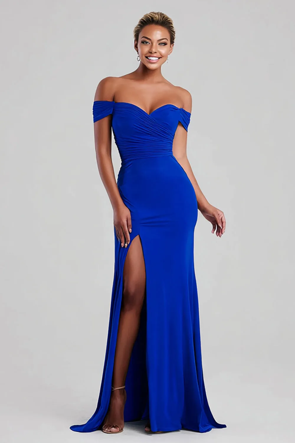 Royal Blue Off the Shoulder Sheath Maxi Formal Dress with Slit sold by Zapaka