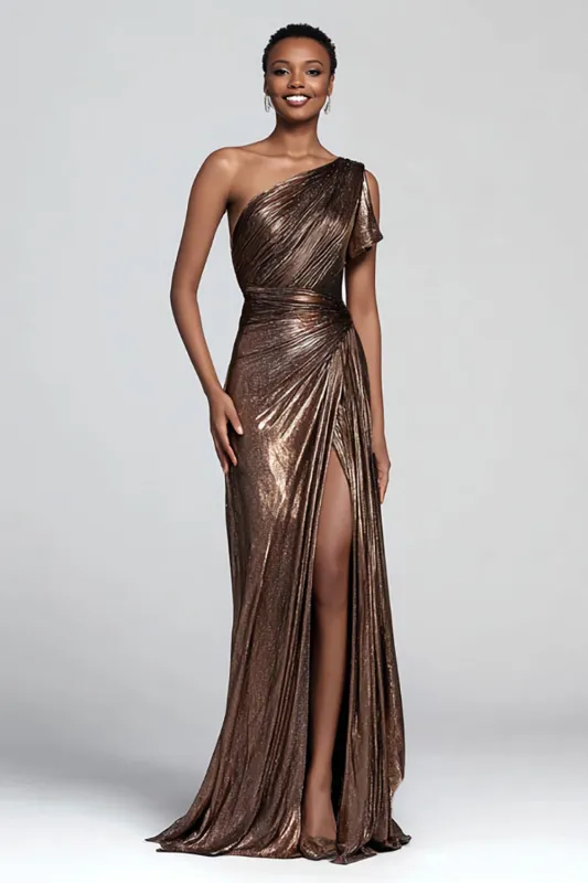Brown Metallic Sheath One Shoulder Long Formal Dress sold by Zapaka