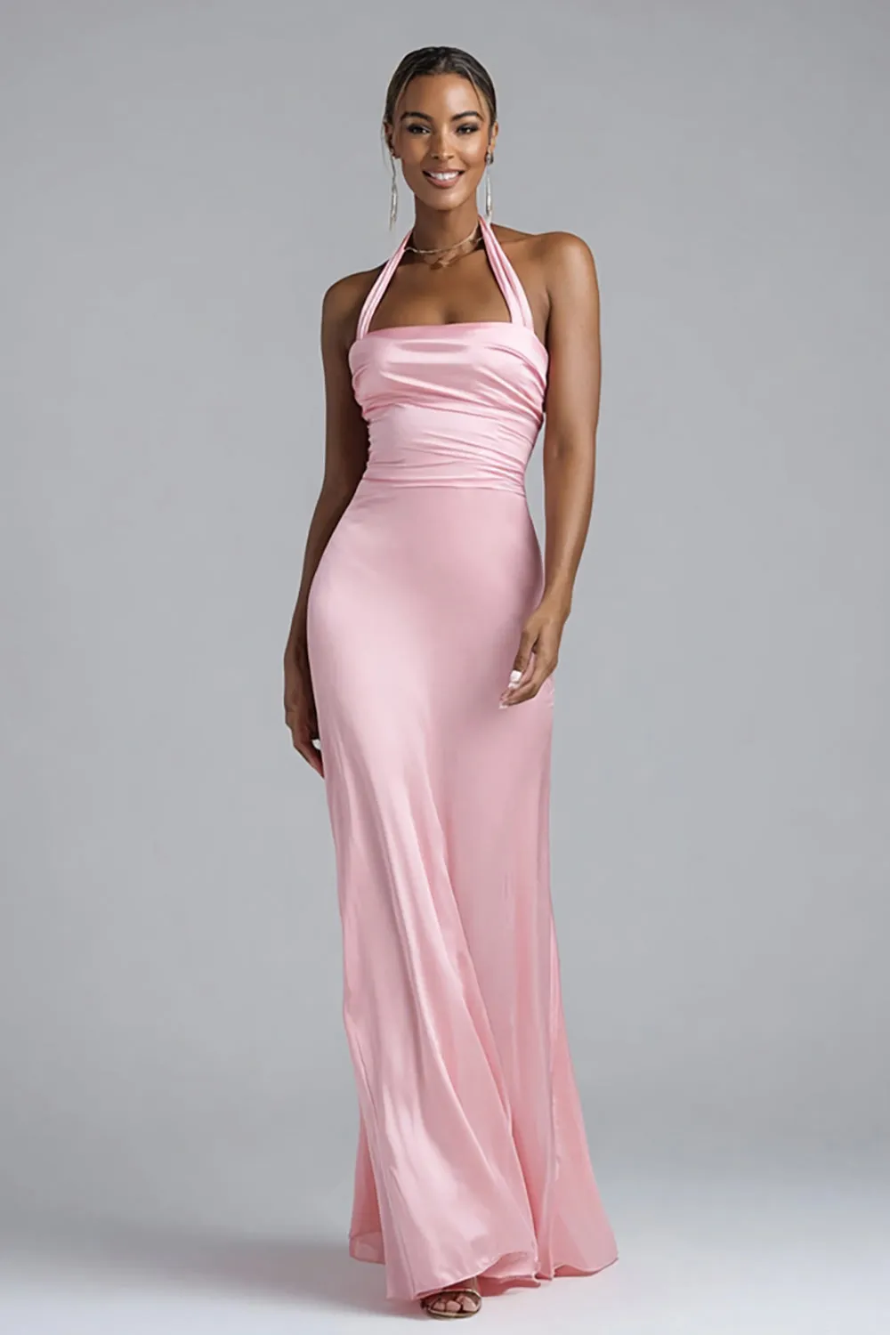 Pink Sheath Halter Satin Long Formal Dress sold by Zapaka