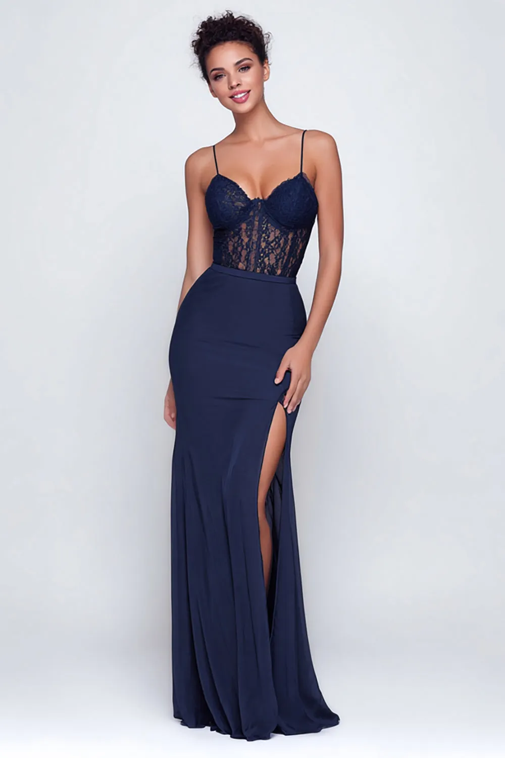 Navy Corset Sweetheart Sheath Maxi Formal Dress with Lace sold by Zapaka