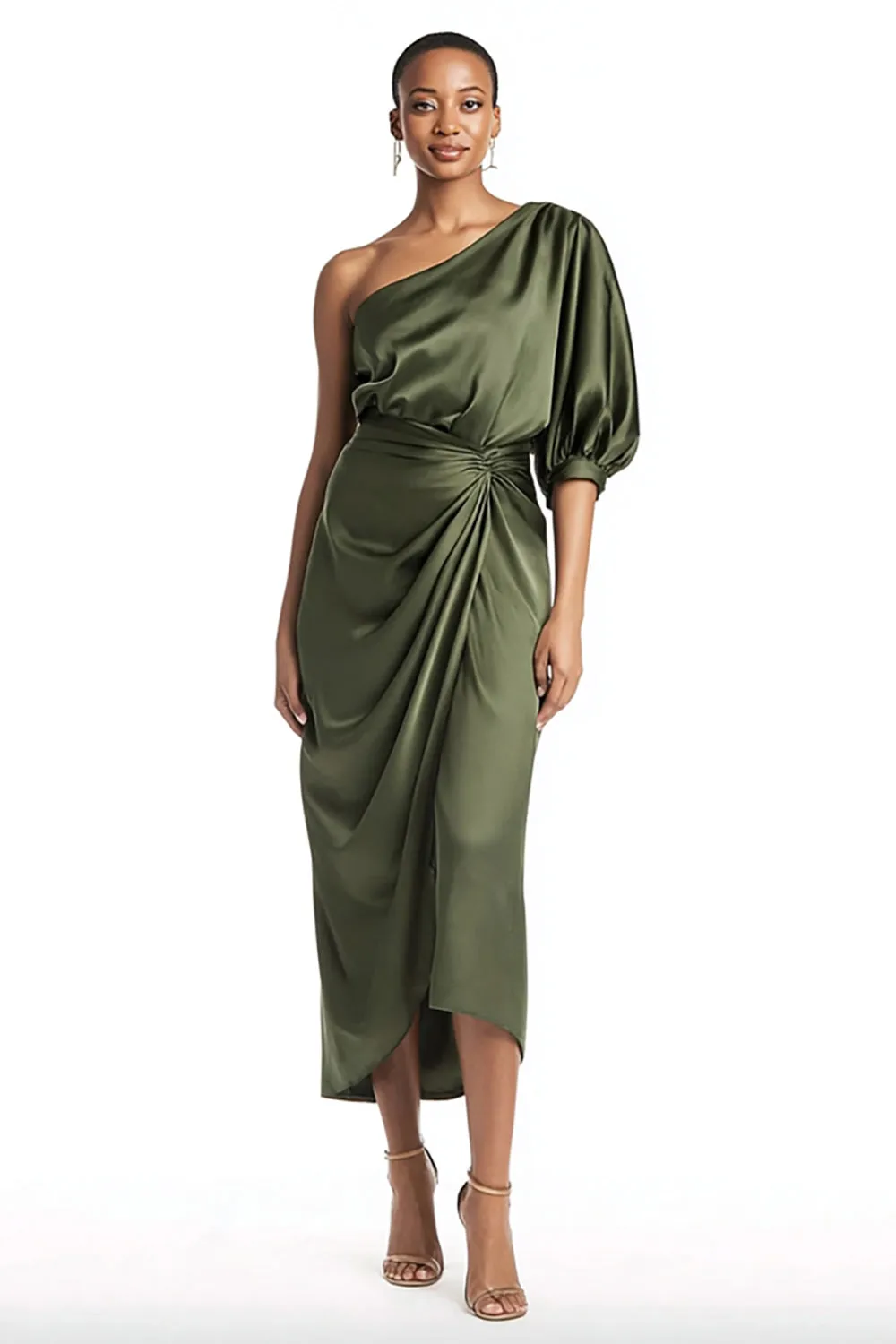 Olive Satin Sheath One Shoulder Midi Formal Dress sold by Zapaka
