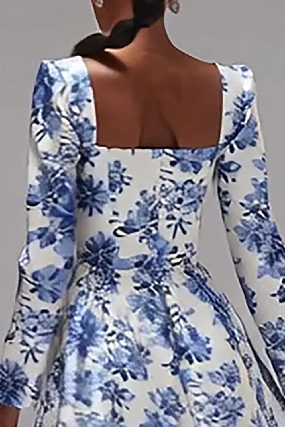 White and Blue Flower Square Neck A Line Maxi Formal Dress sold by Zapaka product image thumbnail 4