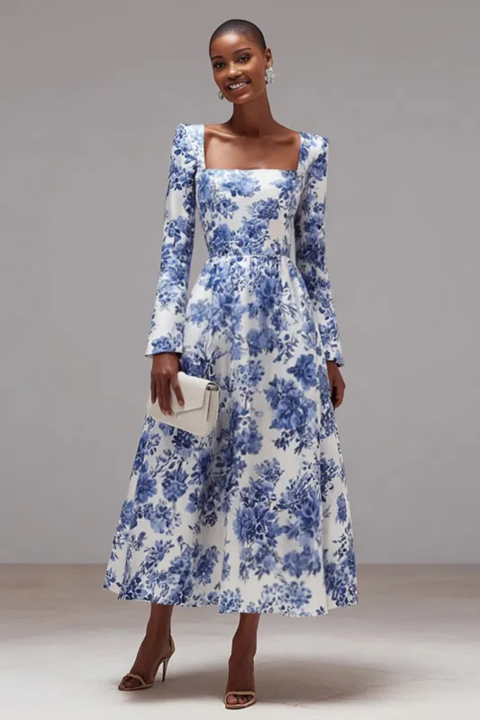 White and Blue Flower Square Neck A Line Maxi Formal Dress sold by Zapaka