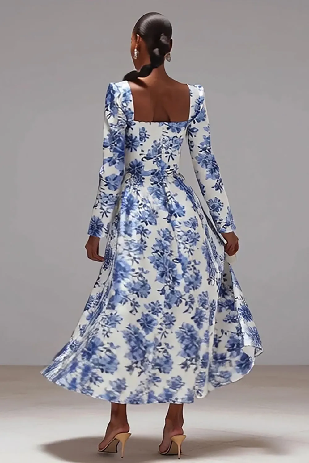 White and Blue Flower Square Neck A Line Maxi Formal Dress sold by Zapaka product image thumbnail 2