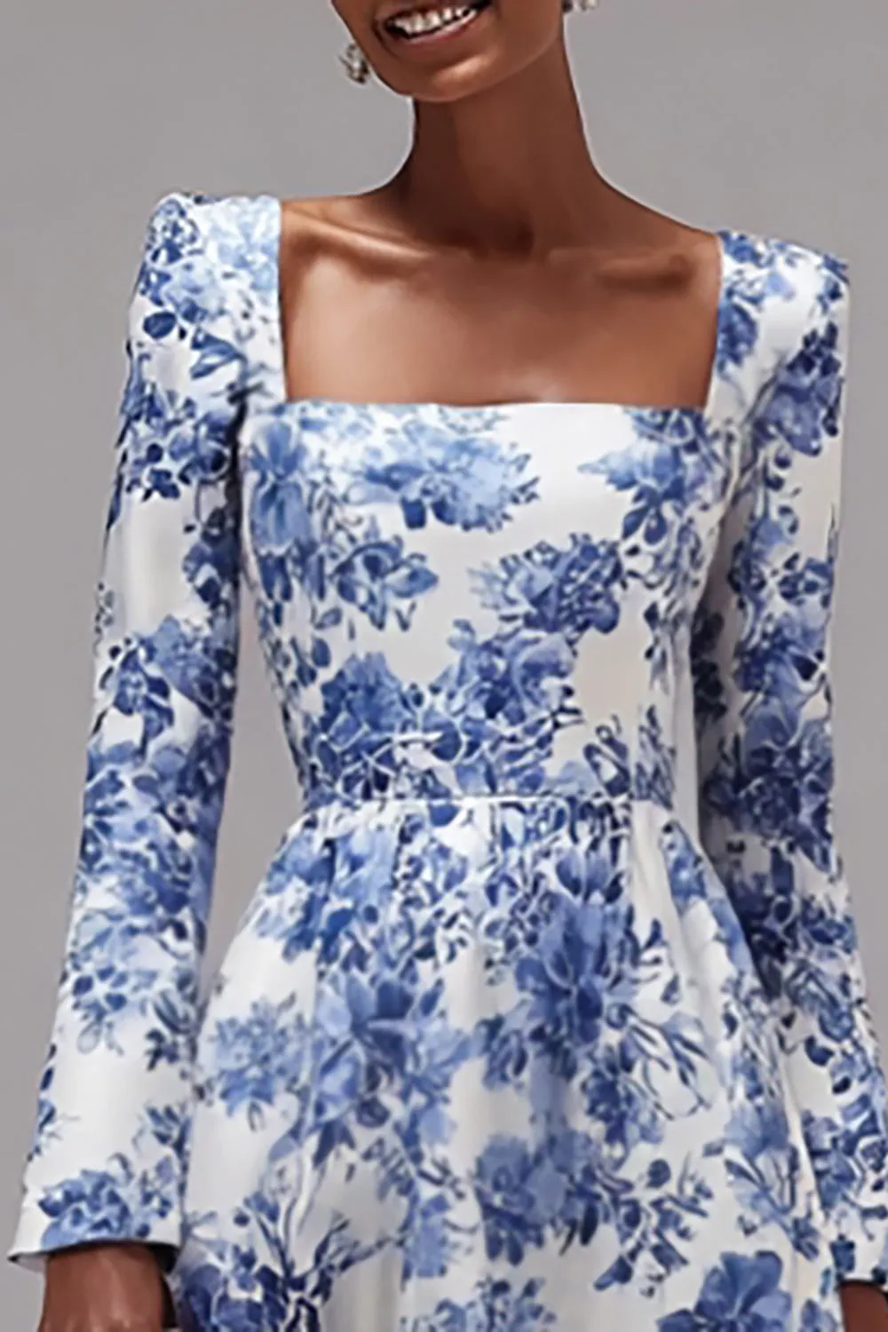 White and Blue Flower Square Neck A Line Maxi Formal Dress sold by Zapaka product image thumbnail 3