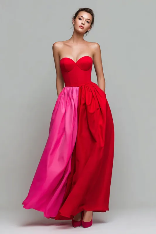 Red and Fuchsia Strapless A Line Formal Dress sold by Zapaka