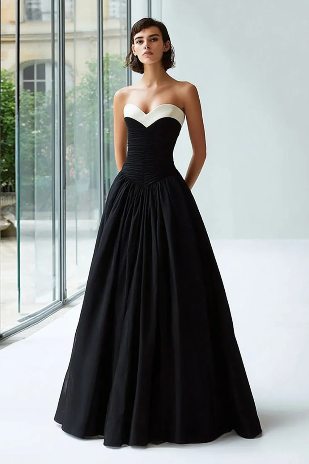 Strapless Black And White A Line Satin Formal Dress sold by Zapaka