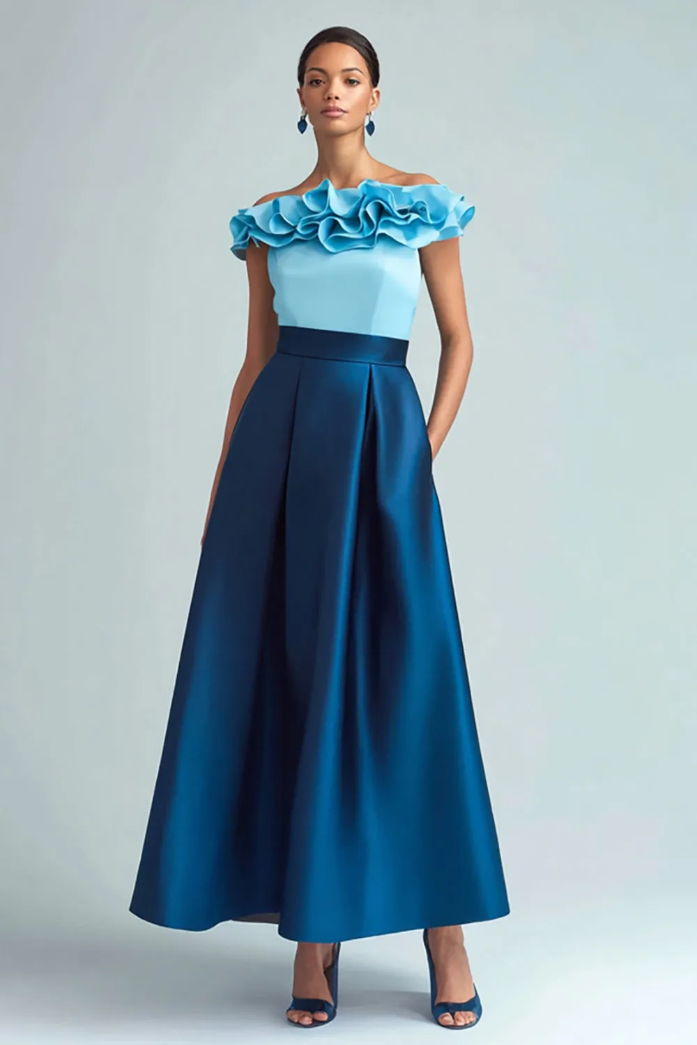 Sky Blue and Dark Blue Off The Shoulder A Line Formal Dress sold by Zapaka