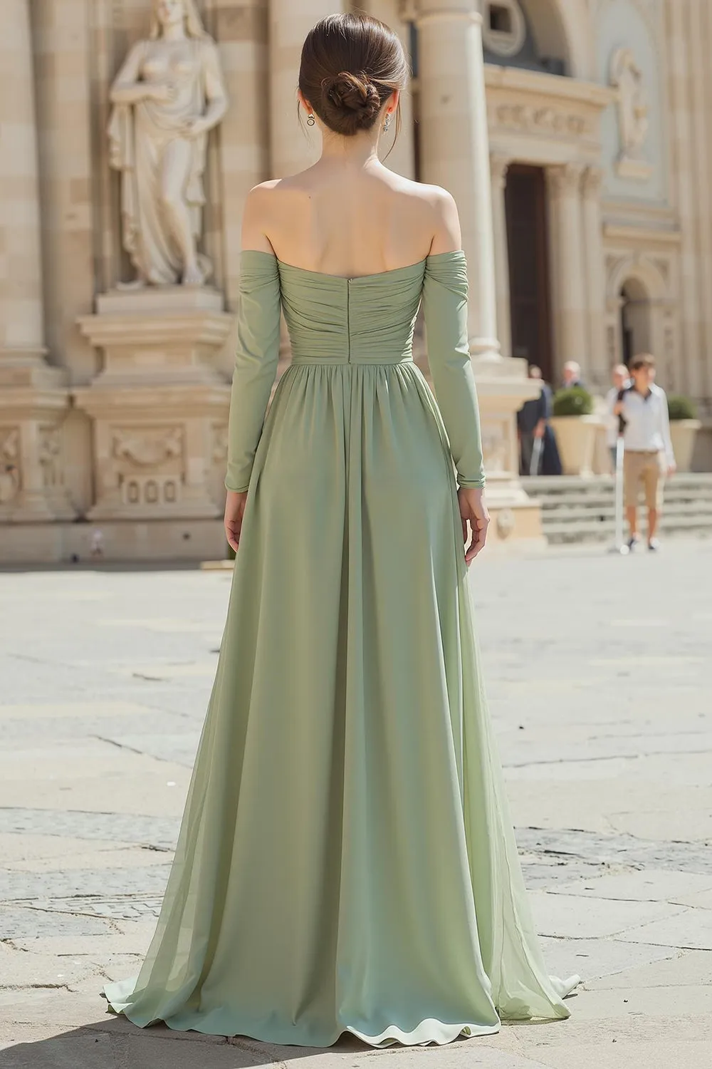 Sage Green Chiffon A Line Off The Shoulder Long Sleeves Bridesmaid Dress sold by Zapaka product image thumbnail 2