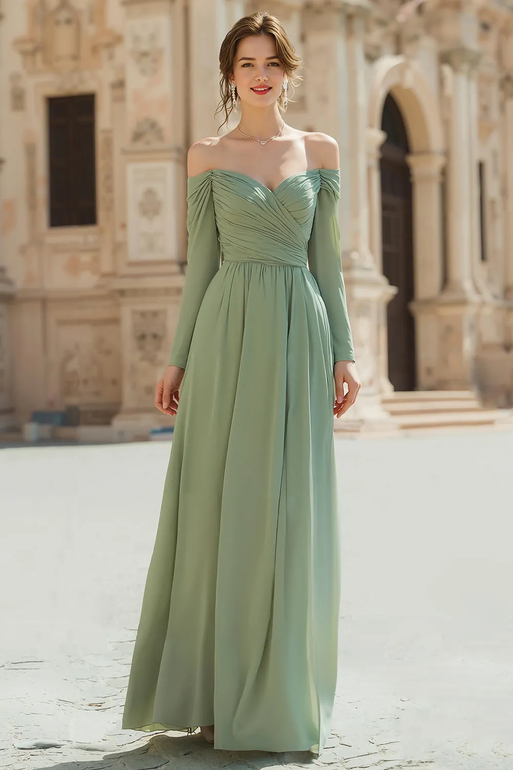Sage Green Chiffon A Line Off The Shoulder Long Sleeves Bridesmaid Dress sold by Zapaka