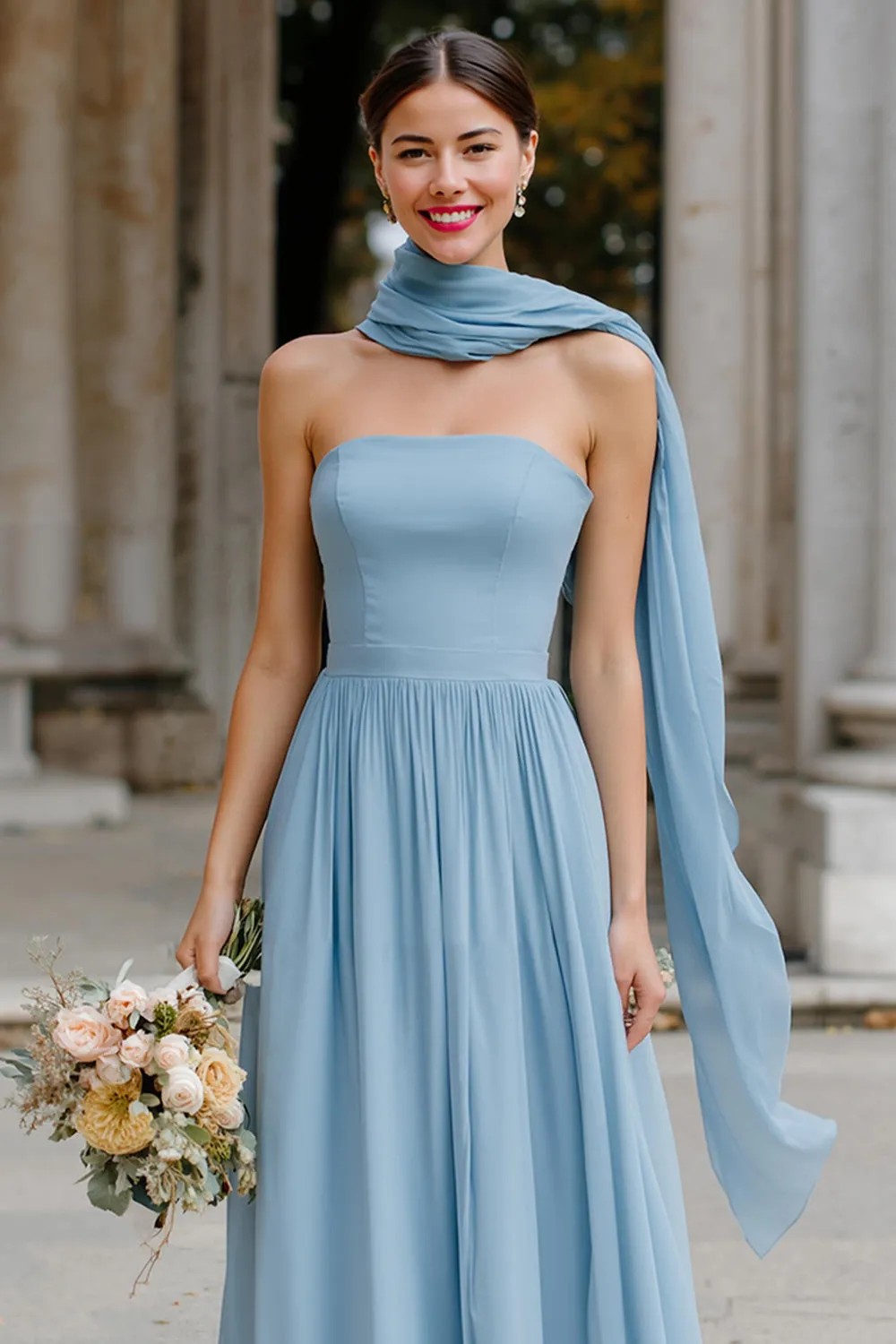 Dusty Blue Chiffon Neck Scarf A Line Strapless Long Bridesmaid Dress sold by Zapaka product image thumbnail 3