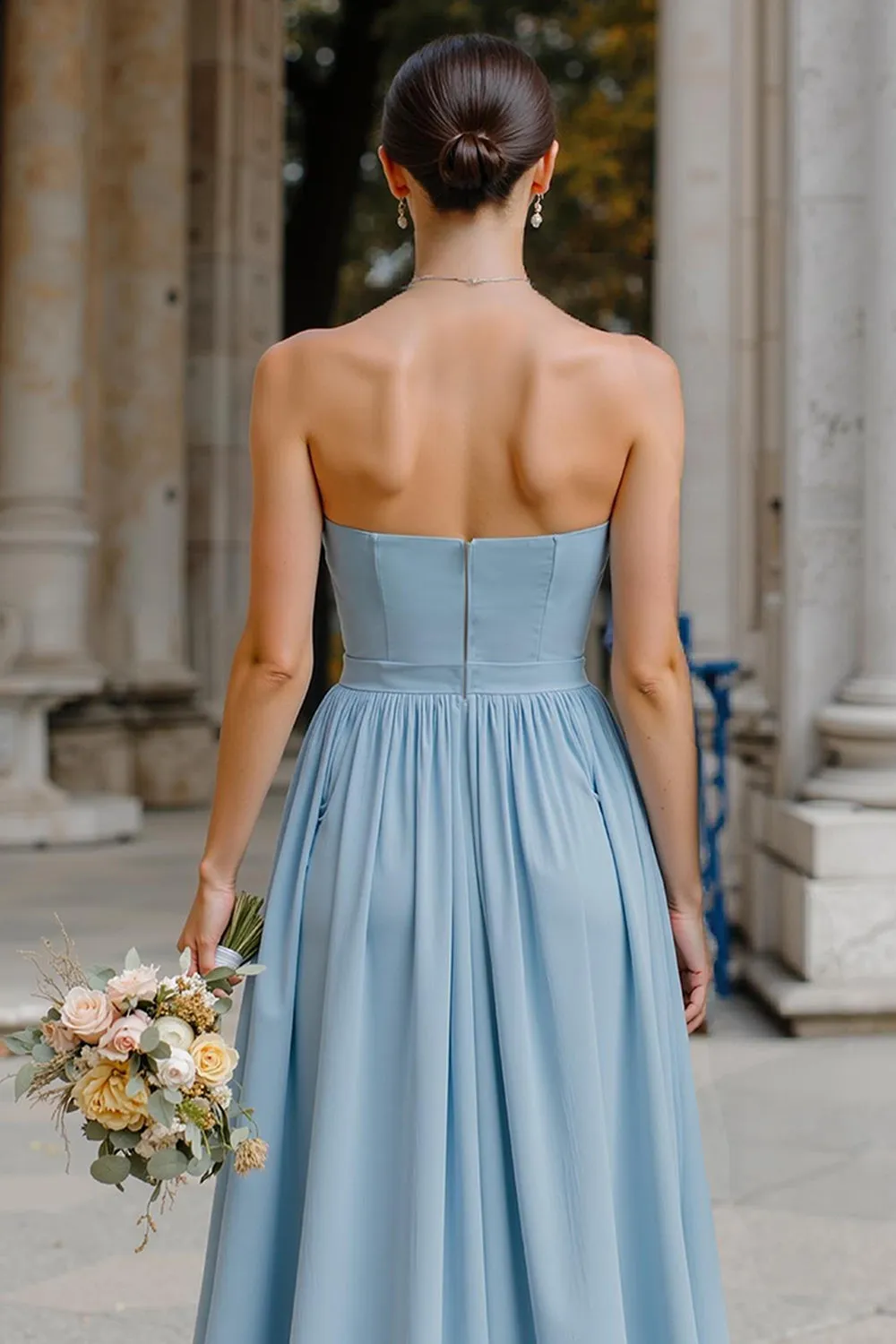 Dusty Blue Chiffon Neck Scarf A Line Strapless Long Bridesmaid Dress sold by Zapaka product image thumbnail 4
