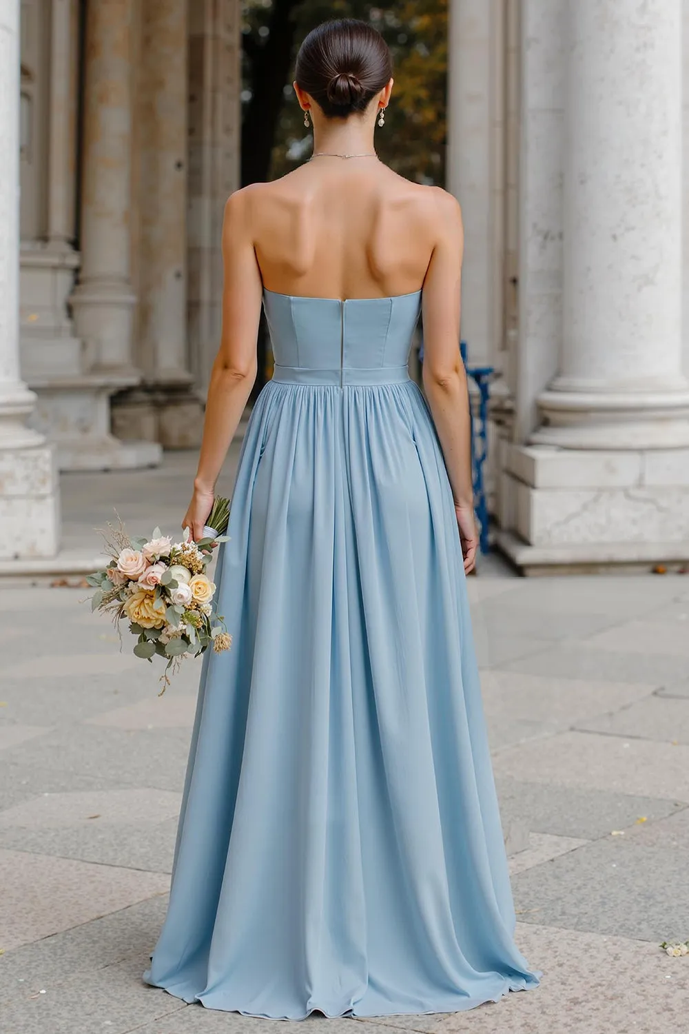 Dusty Blue Chiffon Neck Scarf A Line Strapless Long Bridesmaid Dress sold by Zapaka product image thumbnail 2