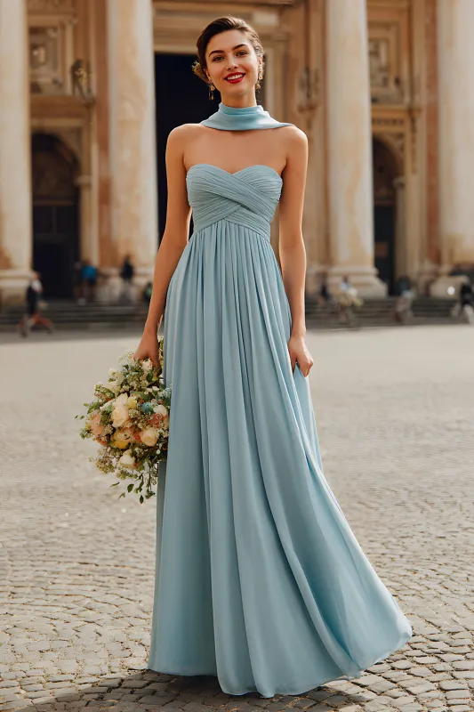 Dusty Blue A Line Chiffon Strapless Neck Scarf Long Bridesmaid Dress sold by Zapaka
