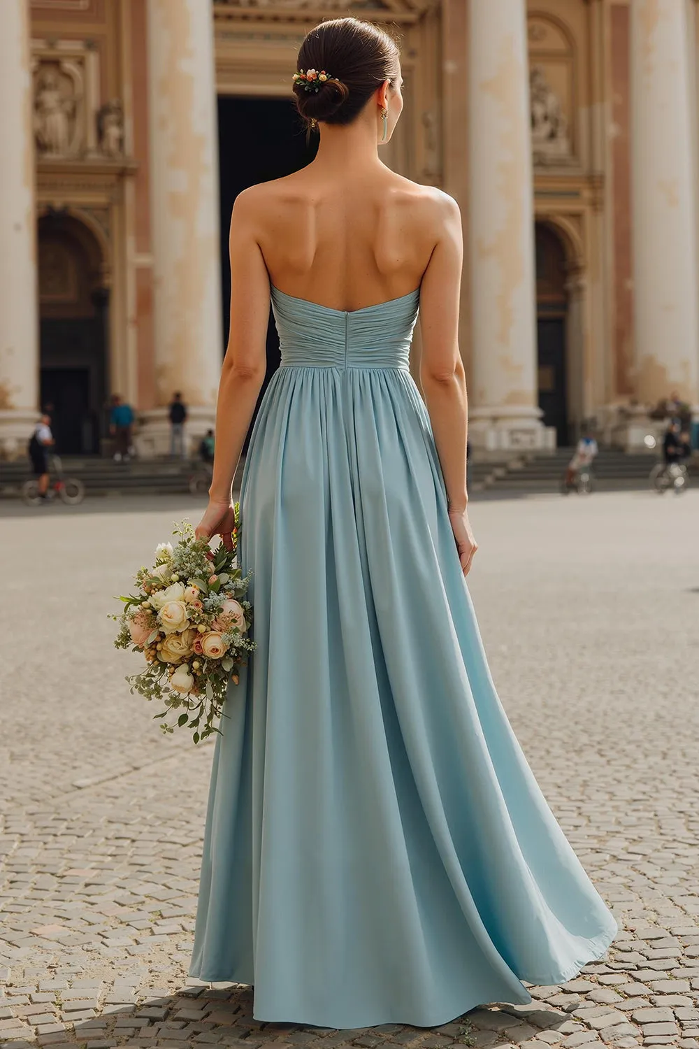 Dusty Blue A Line Chiffon Strapless Neck Scarf Long Bridesmaid Dress sold by Zapaka product image thumbnail 2